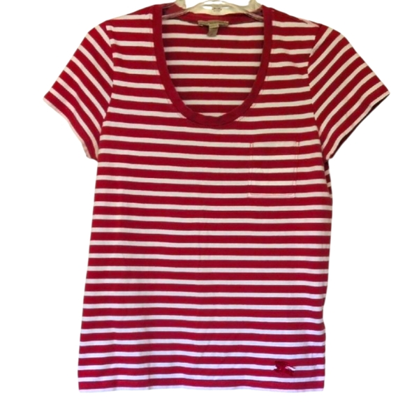 Burberry Brit Striped Red and White Women's Tee Shirt Top Size Medium Scoop Neck - Picture 1 of 11